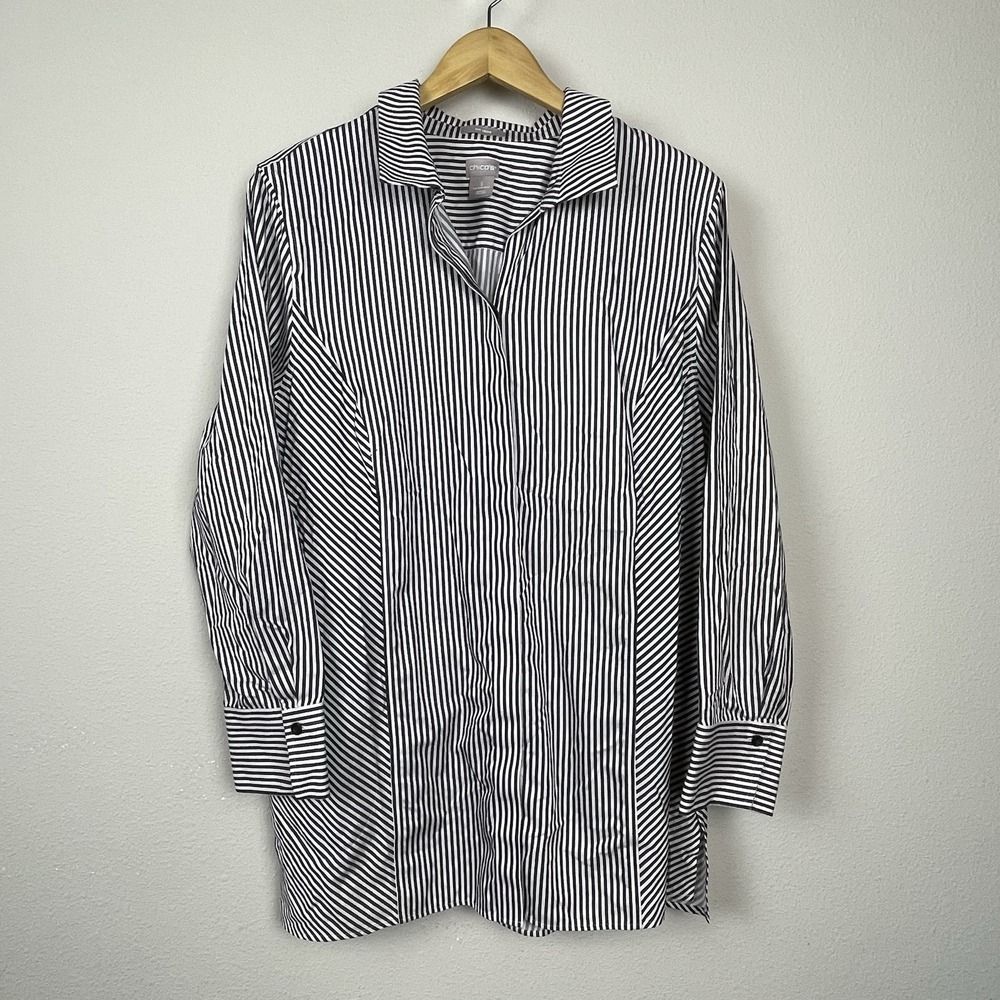 Chico's Non-Iron Black White Striped Tunic Shirt 3 (16/18) Preppy Cotton